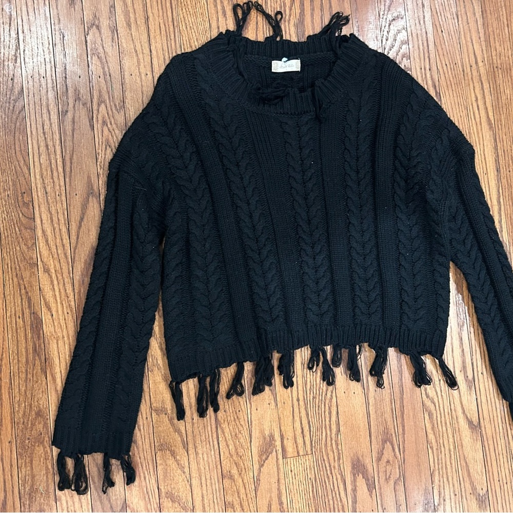 Altar'd State Black Fringe Cable Knit Sweater - Picture 3 of 7